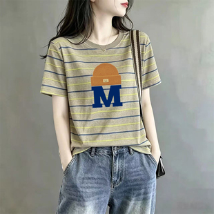 撞色条纹纯棉圆领短袖T恤女装夏季新款洋气大码胖mm宽松打底上衣