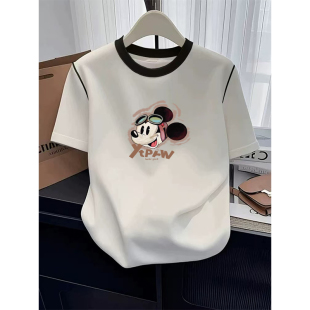 体恤衫 夏季 t恤女小众洋气休闲修身 撞色正肩圆领短袖 拼色上衣 新款