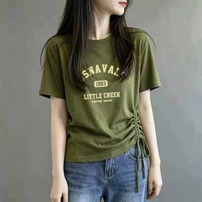 绿色抽绳褶皱圆领T恤女装夏季新款洋气休闲大码宽松显瘦薄款上衣