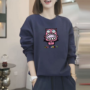 宽松显瘦胖mm上衣 洋气休闲大码 秋冬新款 圆领加绒加厚卫衣女韩版