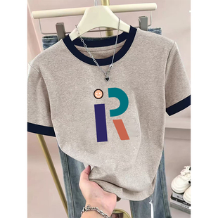 设计感打底衫 夏季 上衣 百搭修身 t恤女士时尚 新款 撞色圆领正肩短袖