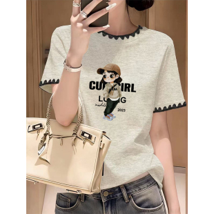 休闲修身 夏季 t恤2026正肩时尚 拼接圆领短袖 显瘦字母印花上衣 新款