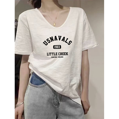白色竹节棉v领短袖t恤2026夏季新款时尚百搭印花大码纯棉女装上衣