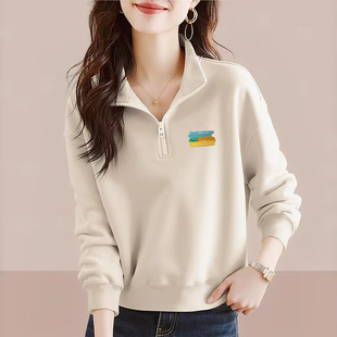 立领半拉链设计感卫衣女秋冬新款 宽松上衣胖mm外套 减龄加绒大码