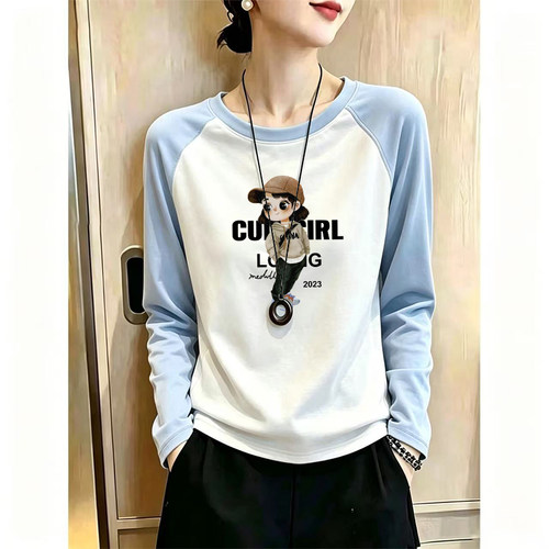 撞色圆领长袖t恤女秋季新款时尚百搭大码宽松纯棉插肩打底衫上衣