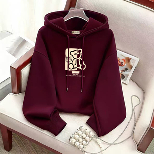 洋气宽松大码 时尚 上衣外套 加绒设计感卫衣秋冬新款 酒红色连帽长袖