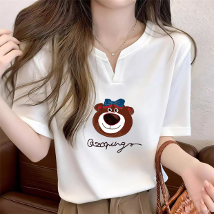 新款 宽松显瘦打底衫 纯棉V领短袖 小众洋气休闲大码 上衣 t恤女装 夏季