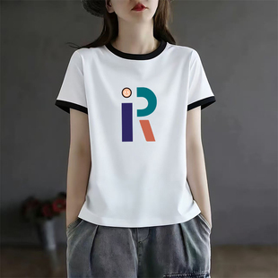 设计感打底衫 夏季 上衣 百搭修身 t恤女士时尚 新款 撞色圆领正肩短袖