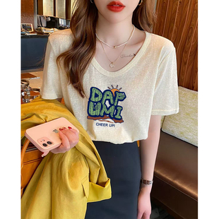 减龄宽松显瘦胖mm体恤衫 韩版 上衣 时尚 新款 雪花棉V领短袖 t恤女夏季