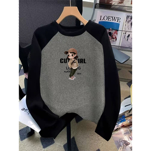 打底衫 纯棉插肩设计感长袖 撞色上衣 洋气宽松大码 时尚 t恤秋季 新款