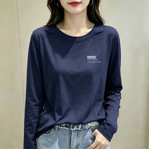 藏青色圆领竹节棉长袖t恤女早秋新款减龄大码宽松纯棉打底衫上衣
