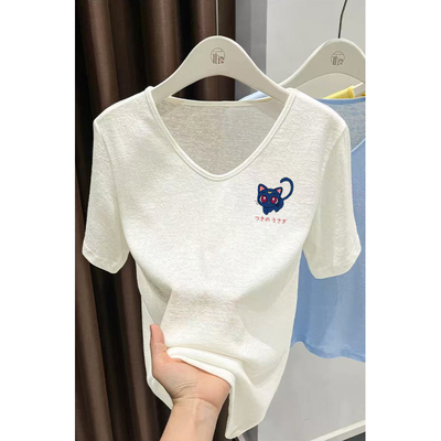 2026夏季新款V领雪花棉短袖t恤女休闲大码宽松显瘦胖mm体恤衫上衣