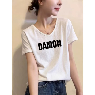 纯棉女装 2026夏季 t恤小众洋气休闲印花大码 竹节棉v领短袖 上衣 新款