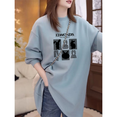 中长款圆领打底衫长袖女秋冬新款百搭宽松设计感德绒保暖胖mm外套