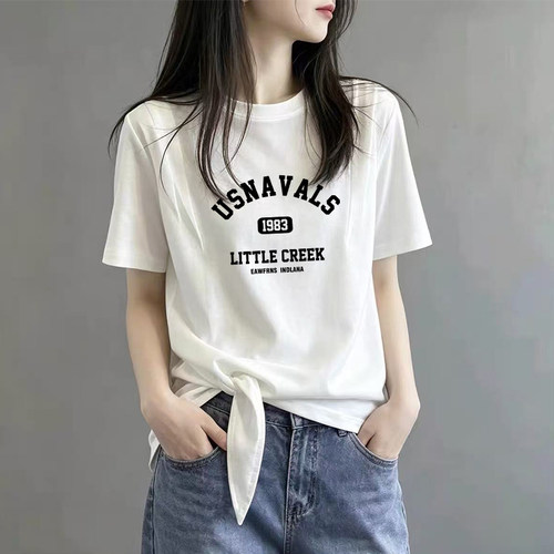 小众不规则纯棉圆领短袖T恤夏季新款洋气百搭宽松压褶设计感上衣