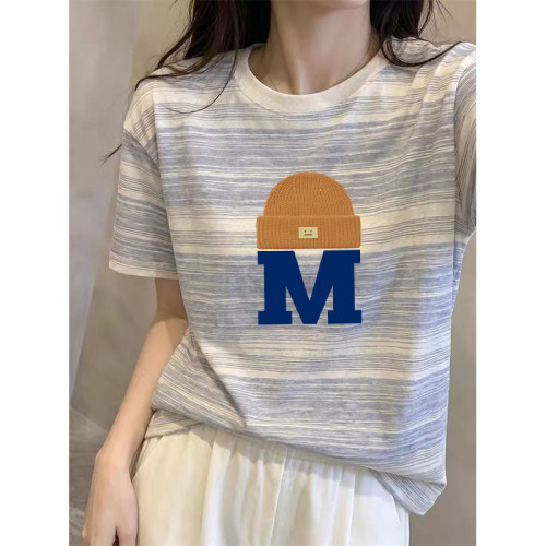 夏季新款撞色条纹短袖t恤女装韩版时尚休闲圆领宽松显瘦胖mm上衣