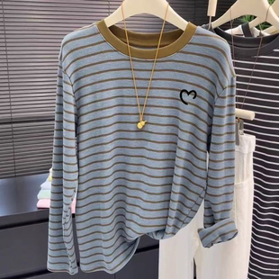 女装 德绒磨毛保暖长袖 打底衫 撞色条纹宽松大码 t恤女上衣秋冬新款