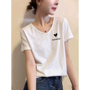 t恤韩版 竹节棉v领短袖 时尚 百搭印花大码 上衣 2026夏季 纯棉女装 新款