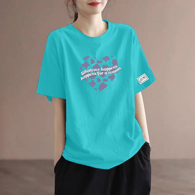 湖蓝色夏季圆领短袖t恤大码纯棉女装爱心印花时尚显瘦洋气上衣