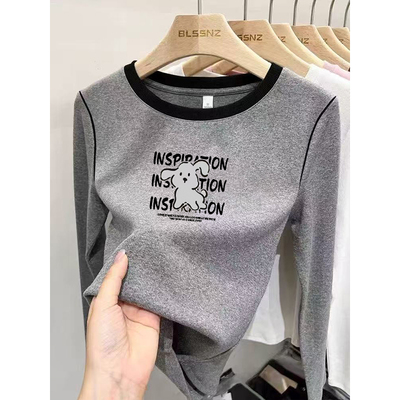小众德绒保暖长袖t恤女秋冬新款洋气减龄修身显瘦撞色打底衫上衣
