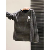 t恤女秋冬新款 时尚 修身 德绒保暖加厚圆领长袖 打底衫 撞色条纹上衣