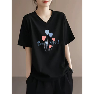 宽松显瘦打底衫 黑色纯棉V领短袖 上衣 百搭大码 新款 t恤女装 2026夏季