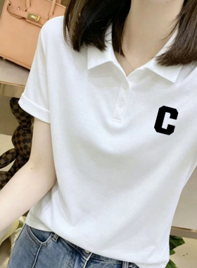 白色正肩POLO领纽扣短袖T恤女装夏季新款洋气修身翻领设计感上衣