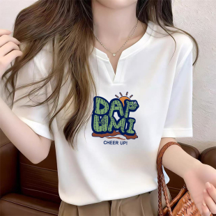 新款 夏季 时尚 百搭大码 上衣 小众纯棉V领短袖 宽松显瘦打底衫 t恤女装