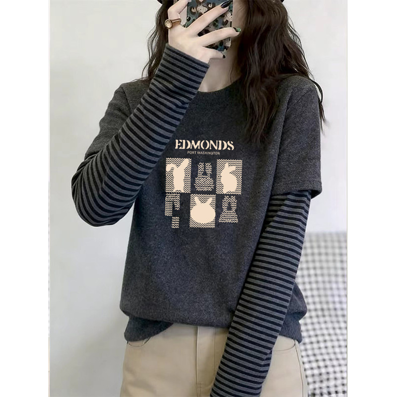 假两件圆领撞色拼接长袖t恤女春秋新款宽松大码设计感打底衫上衣
