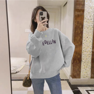 加绒加厚上衣 胖mm洋气减龄打底衫 圆领卫衣女秋冬新款 宽松外套大码