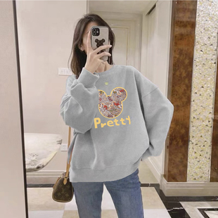 ins潮宽松显瘦加绒加厚时尚 2025新款 上衣 圆领卫衣女士秋冬季 大码