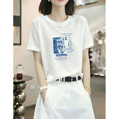 白色雪花棉圆领短袖t恤女装夏季新款时尚百搭大码宽松打底衫上衣