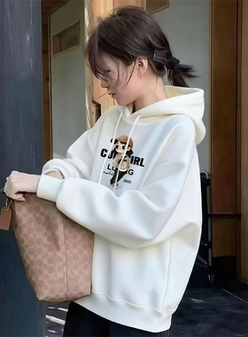 白色连帽长袖加绒卫衣女秋冬新款时尚减龄大码宽松胖mm设计感外套