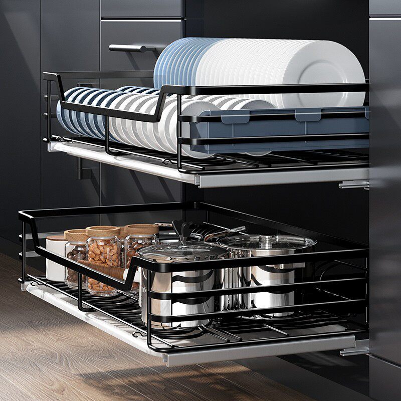 厨房拉篮双层橱柜内304不锈钢内置收纳碗架抽屉式碗篮调味碗柜
