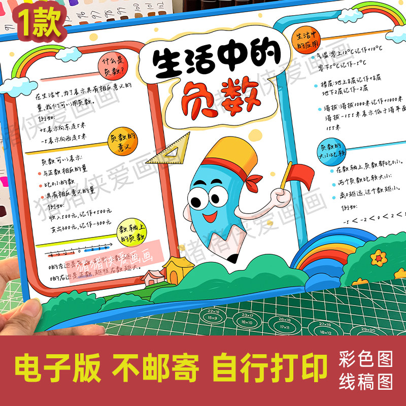生活中的负数思维导图新人教版数学手绘电子线稿模版半成品1414