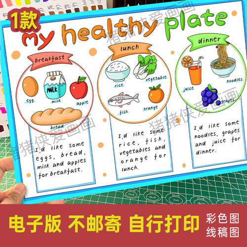 my healthy plate健康餐盘手抄报三下英语小报电子线稿模版1233