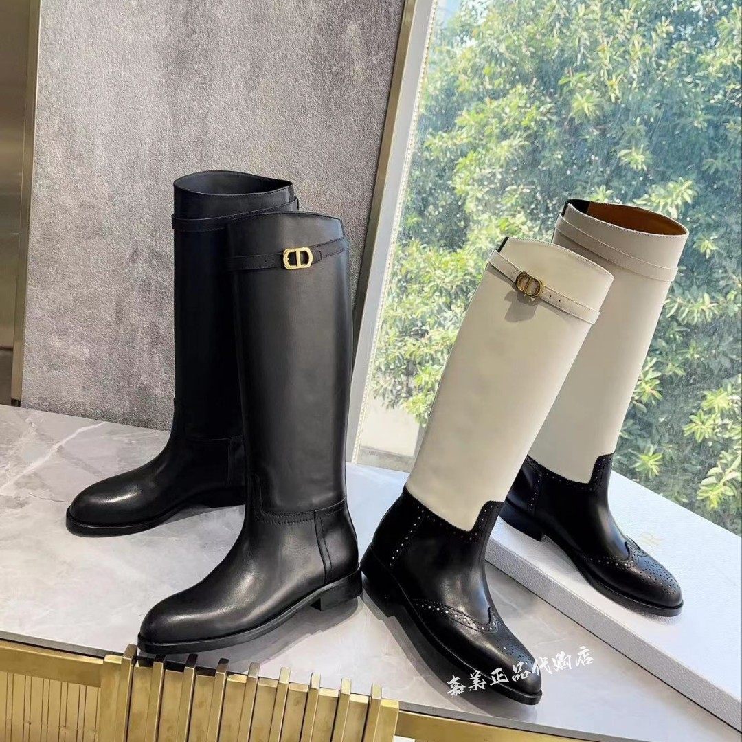 嘉美纯皮高筒女靴英伦风骑士靴圆头套牛皮筒欧美拼色低跟战靴雕花