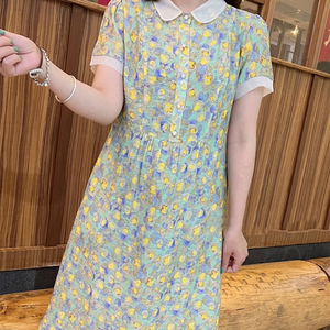年轻妈妈减龄收腰娃娃领中长款碎花裙中年显瘦遮肚夏季a字连衣裙