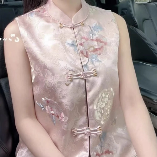 新中式国风立领重工刺绣盘扣减龄马甲春上衣年轻妈妈粉色马夹女