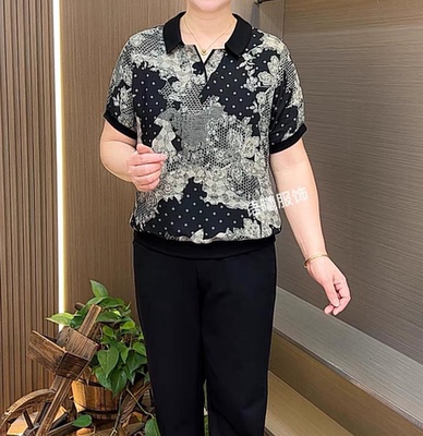 2025夏季中年大码气质减龄显瘦短袖衬衫女宽松休闲上衣印花小衫