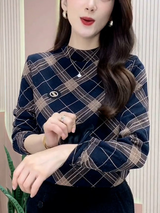 长袖半高领格子加绒T恤女打底衫2022中年大码妈妈装秋冬格子小衫