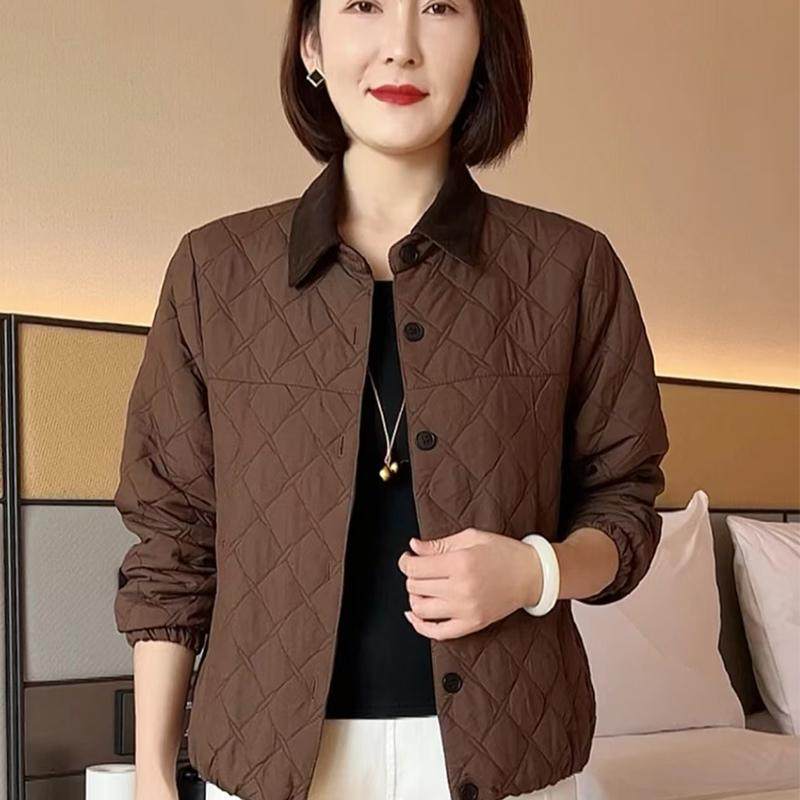 2024冬季妈妈轻薄翻领菱格棉服上衣中年保暖棉袄洋派减龄棉衣外套