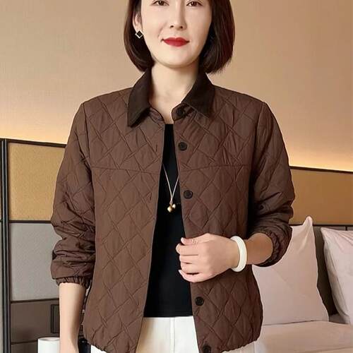 2024冬季妈妈轻薄翻领菱格棉服上衣中年保暖棉袄洋派减龄棉衣外套