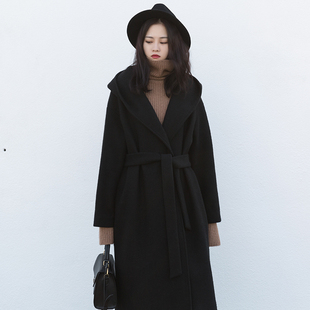 大衣外套女8522 宽松休闲系带连帽毛呢长款 suin2020秋冬新品 韩版