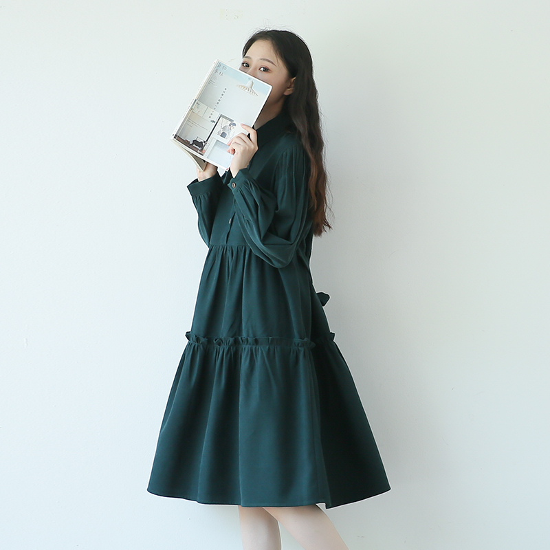 suin2025春秋新款文艺学院风宽松大码系带绿色衬衫领长袖连衣裙女