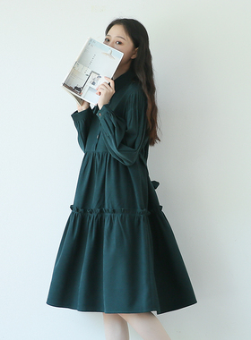 suin2026春夏款文艺学院风宽松大码系带绿色衬衫领长袖连衣裙女