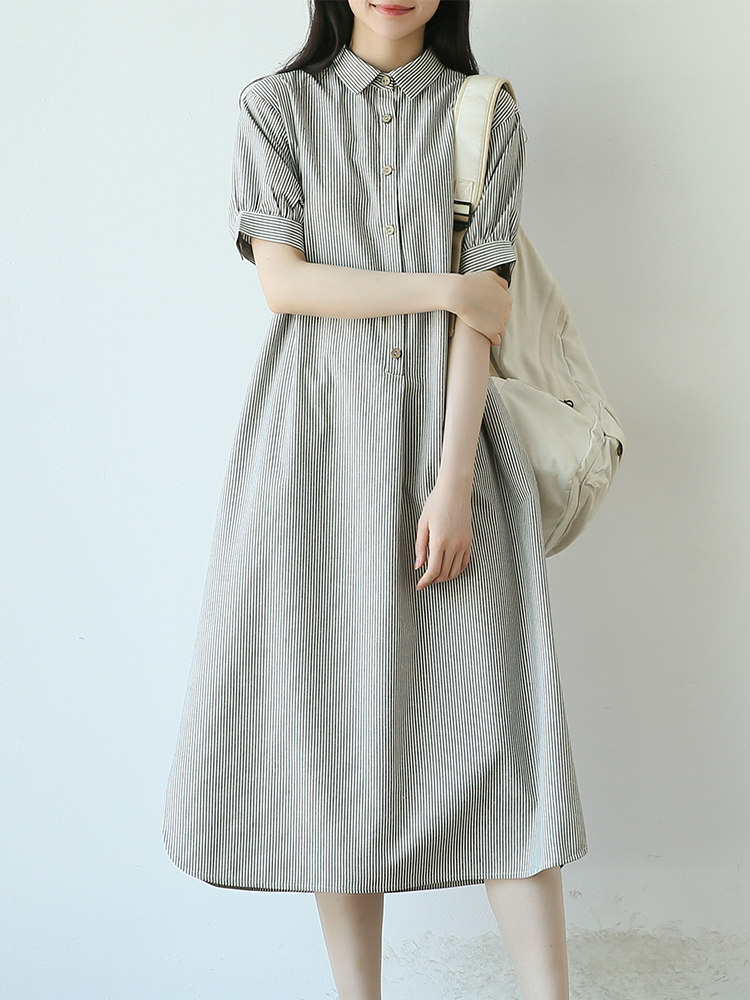 2024春夏文艺休闲宽松a字大码显瘦条纹过膝长袖衬衫短袖连衣裙女