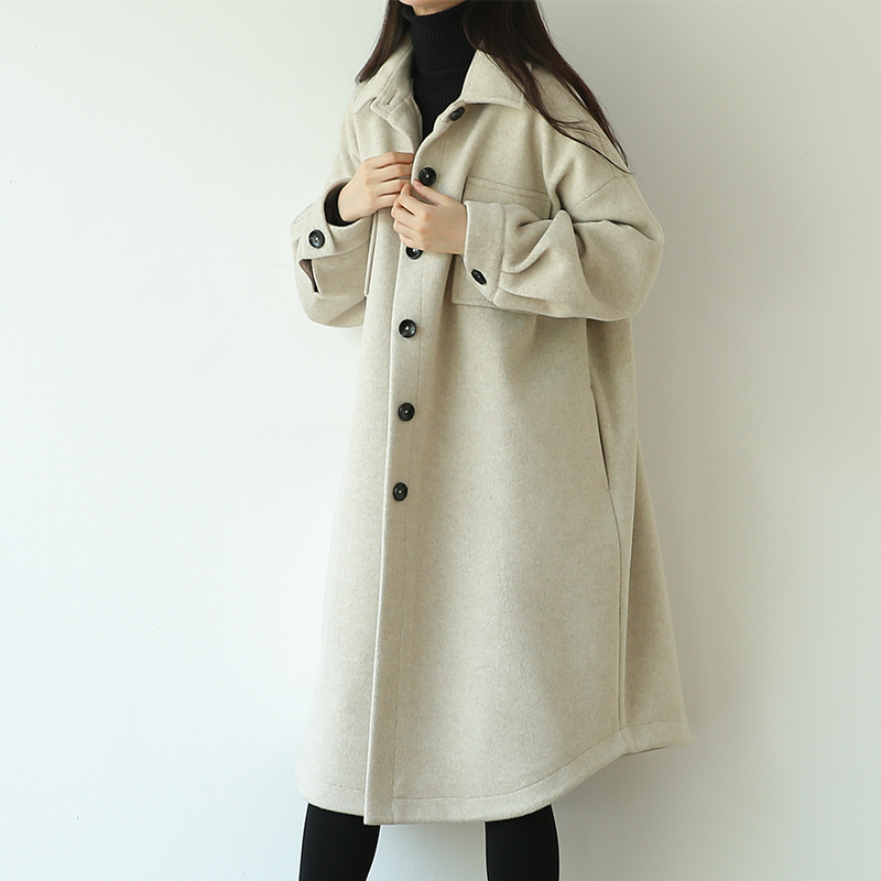 SUIN2020冬装新款文艺韩版大码宽松休闲纯色毛呢大衣中长款外套女