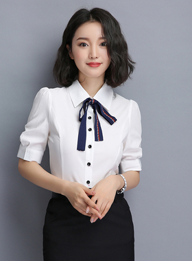 诗璐雅夏季衬衫女免烫抗皱职业气质蝴蝶结设计感半袖白色正装上衣