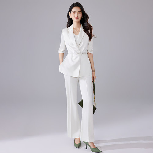 诗璐雅米白色垂感微喇裤西服套装